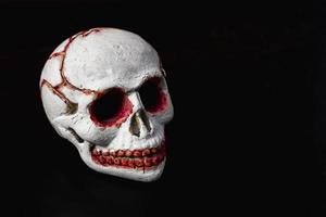 A close-up model of a human skull on a black background, copying space photo