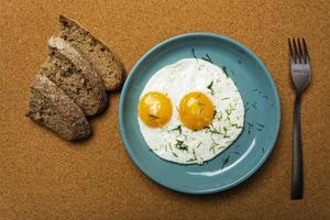 fried eggs on a turquoise plate sprinkled with dill, fork and pieces of bread, top view, breakfast photo