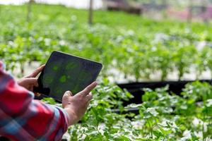 IoT, Internet of Things Modern agriculture smart farming system concept. Internet technology that connects devices and tools. digital computer manage control vegetable farm in agricultural industry. photo