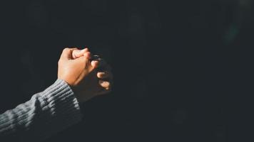 Banner with copy space of woman hands praying to god on nature background. Panorama of female person worship with faith and love. Concept of Religion, Christianity, faith, peace, hope photo