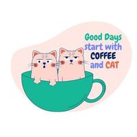 dos gatos lindos y pendencieros están sentados en una taza. tarjeta con la inscripción gato y café vector