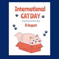 Hand drawn international cat day poster. Cat in a box vector