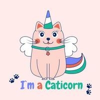 lindo dibujo animado garabato gato unicornio. tarjeta con la inscripción unicornio vector