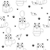 Seamless black and white outline pattern with cute doodle cats characters. vector