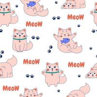 Seamless pattern with cute doodle cats characters. meow vector