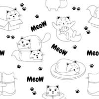 Seamless black and white sketch pattern with cute doodle cats characters. meow vector