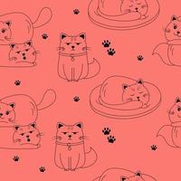 Seamless black and white sketch pattern with cute doodle cat characters on a red background. vector