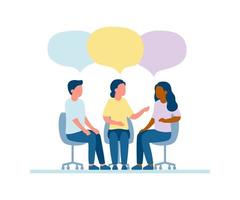 Meet of team of people for talk, dialog, communication, discussion, business relationship. Discuss problems together, exchange opinions of team worker. Support group. Vector illustration