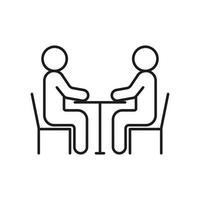 People seat at table, conversation, talk, meeting icon line. Man communication on work, equality partnership. Vector illustration