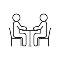 People seat at table, conversation, talk, meeting icon line. Man communication on work, equality partnership. Vector illustration