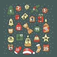 Advent calendar with Christmas elements, countdown numbers before Christmas holiday. Winter holiday, december dates festive events. Hand drawn doodle style. Vector illustration