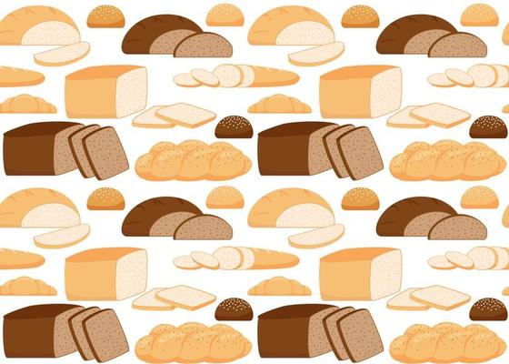 Pattern from pastry bread from wheat, whole grain and rye, bakery food, bun. Seamless background with loaf, bread brick, croissant, toast bread, French baguette, challah. Vector illustration