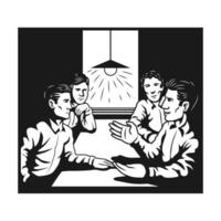 Picture a night scene at a bar, 4 dudes, discussing, interviewing, and randomly talking about anything under the lamp vector illustration.