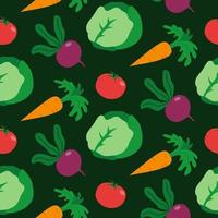Seamless pattern with vegetables on dark background. Carrot, cabbage, beetroot and tomato. vector