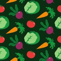 Seamless pattern with vegetables on dark background. Carrot, cabbage, beetroot and tomato. vector