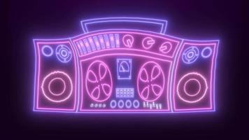 Neon retro tape recorder for listening to songs old vintage hipster luminous blue-purple. Video 4k, motion design