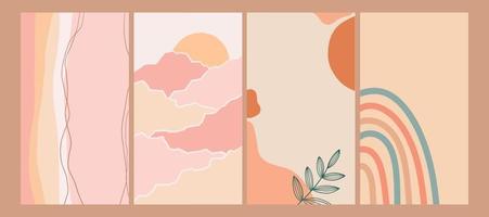 Abstract Set of 5 Background Package Beautiful Cute Autumn Fall Design Minimalist Simple Wave Outline Dot and Leaves Style Pastel Color for Mobile Screen Story Portrait vector