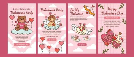 Valentines day party instagram stories social media portrait with hand drawn illustration set include bear, love, cupid, message heart, potion and chocolate cake template design vector