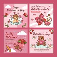 Valentines day party instagram post square social media portrait hand drawn illustration include bear, love, cupid, message heart, potion and chocolate cake template design vector