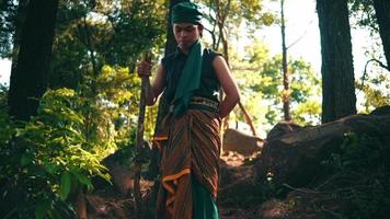 un hombre asiático vestido de verde sosteniendo un palo mientras camina solo en el bosque y disfruta de la vista video