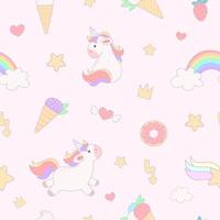 patrón impecable con lindos unicornios, corazones, arco iris, donuts, helados y otros elementos vector
