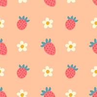 Cute strawberries and flowers hand drawn seamless pattern background vector
