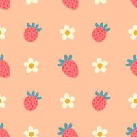 lindo, fresas, y, flores, mano, dibujado, seamless, patrón, plano de fondo vector