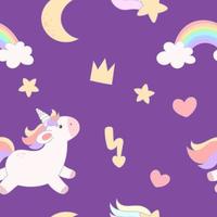 Seamless pattern with cute unicorns, hearts, rainbows, crown, lightning and moon on a dark background vector