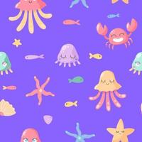 Hand drawn Seamless pattern with crab, starfishes, jellyfishes and fishes. Vector image for kids digital textile fabric paper