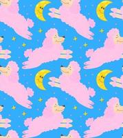 Pattern sleeping pink poodle and moon and stars on blue background vector