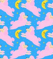 Pattern sleeping pink poodle and moon and stars on blue background vector