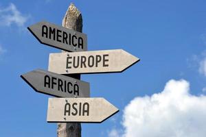 America, Europe, Africa, Asia - Wooden Signpost photo