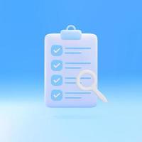 3d Successfully complete business assignments icon. Magnifying glass with a checklist on clipboard paper. Vector illustration.