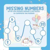 Missing numbers with Unicorn. Write the answer correctly. Educational printable math worksheet. Counting practice. Vector file.