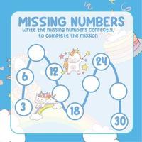 Missing numbers with Unicorn. Write the answer correctly. Educational printable math worksheet. Counting practice. Vector file.