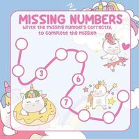 Missing numbers with Unicorn. Write the answer correctly. Educational printable math worksheet. Counting practice. Vector file.