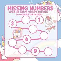 Missing numbers with Unicorn. Write the answer correctly. Educational printable math worksheet. Counting practice. Vector file.