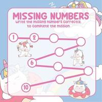 Missing numbers with Unicorn. Write the answer correctly. Educational printable math worksheet. Counting practice. Vector file.