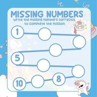 Missing numbers with Unicorn. Write the answer correctly. Educational printable math worksheet. Counting practice. Vector file.