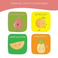 Tropical fruits Flashcards for Children. Cute fruit flashcards for children. Tropical fruit collections flashcards vector