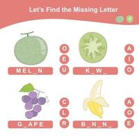 Find the missing letter of the tropical fruits game for Preschool. Educational spelling printable game worksheet. Writing activity for children. Vector illustration.