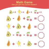 Hoja de cálculo de matemáticas para contar frutas. hoja de trabajo de matemáticas para preescolar. hoja de trabajo de matemáticas imprimible educativa. Contar y escribir actividad de respuesta para niños. ilustración vectorial vector