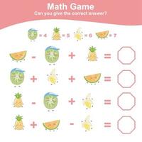 Fruit Counting Math Worksheet. Math Worksheet for Preschool. Educational printable math worksheet. Count and write answer activity for children. Vector illustration.