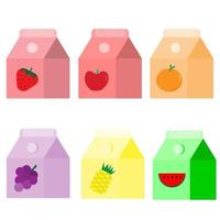 vector ilustrador de un conjunto de cajas de jugo de frutas fresa manzana naranja uva piña sandía
