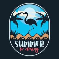 flamingo verano puesta de sol playa etiqueta vector ilustración retro vintage insignia etiqueta y diseño de camiseta