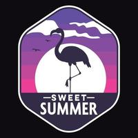 Flamingo Summer Sunset Beach Label Vector Illustration Retro Vintage Badge Sticker And T-shirt Design