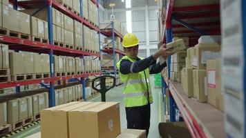 le magasinier sélectionne les marchandises dans l'inventaire et vérifie le produit en stock. livraison de navire d'affaires logistique de transport au client. fiche de stock, nomenclature, inspection, entrepôt, stockage, usine video