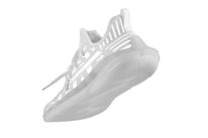 Sport shoes. White fabric trainers with gray reflective stripes. photo