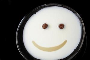 en leche blanca, cereal y salsa en forma de rostro humano. foto