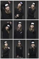collage de fotografías de una adolescente con ropa oscura sobre un fondo gris en diferentes poses del modelo. foto
